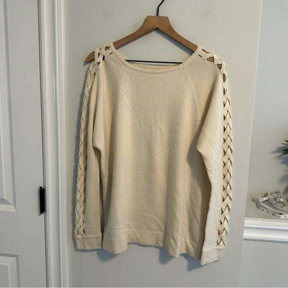 Kinross Cashmere Cream White Cross Hatch Sleeve Sweater XL - Picture 8 of 9